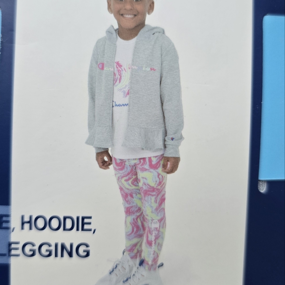 Champion Girls 3 Piece Tee, Hoodie & Legging Set Grey Multicolor Marble Size 4t